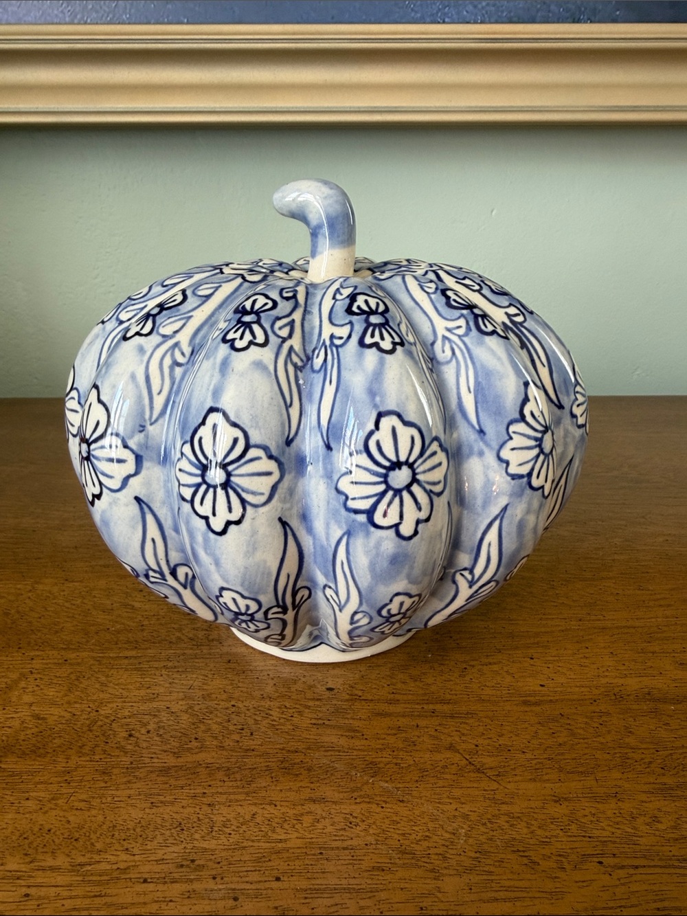 Large 7.5” Blue & White Floral Ceramic Pumpkin Chinoiserie Fall Decor